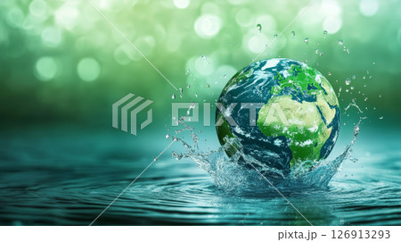 vibrant globe with green continents splashes into water, creating dynamic scene that symbolizes environmental awareness and 126913293