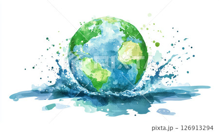 vibrant illustration of globe with green continents and blue oceans, splashing water around it, evokes sense of vitality and vibrant illustration of globe with green continents and blue oceans, splashing water around it, evokes sense of vitality and 126913294
