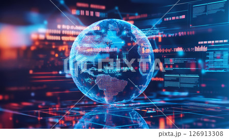 Digital globe representing global connectivity and data visualization, showcasing vibrant colors and technology elements 126913308