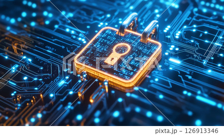 digital padlock symbolizes cybersecurity, surrounded by glowing circuits and data streams, evoking sense of protection and 126913346