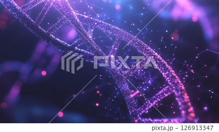 vibrant DNA helix model showcasing nanotechnology in medical context, illuminated with colorful particles and light 126913347