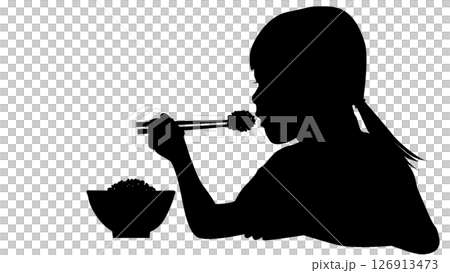 一個女孩用筷子吃米飯和碗裡米飯的輪廓 126913473