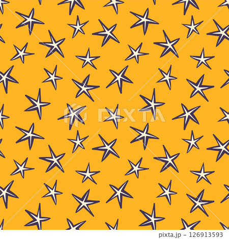 Seamless geometric black and white pattern. Abstract contours of stars on yellow background. Vector illustration with brush for textiles, children's clothes, wrapping paper. 126913593