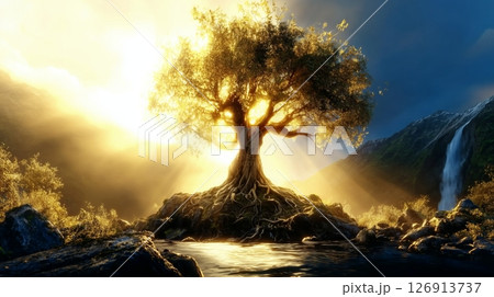 Symbolic representation of the tree of life in Eden reflecting divine prophecy and eternal life in Christianity 126913737