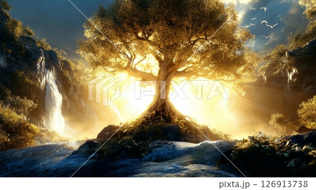 Eden's Tree of Life shines brightly in prophetic landscape representing eternal hope in Christianity 126913738