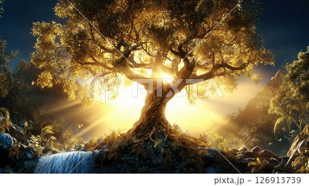 Symbolic tree of life illuminated in Eden representing Christianity and eternal life through Jesus Christ 126913739