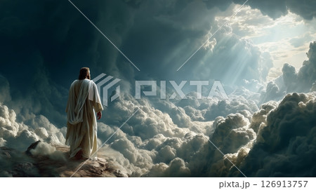 Jesus Christ ascends to heaven surrounded by light and clouds, symbolizing the divine journey into the heavenly realm Jesus Christ ascends to heaven surrounded by light and clouds, symbolizing the divine journey into the heavenly realm 126913757