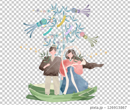 Illustration of Orihime and Hikoboshi riding on a bamboo boat (picture book style watercolor touch) 126913867