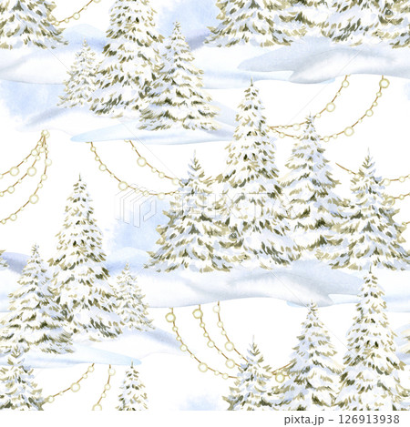 Christmas trees forest with garland lights and snowdrifts watercolor seamless pattern on white. Firs in snow hills repeat background for Happy New Year cards and greetings. Winter landscape backdrop 126913938