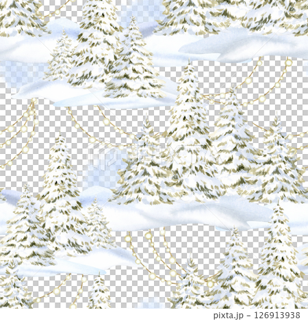 Christmas trees forest with garland lights and snowdrifts watercolor seamless pattern on white. Firs in snow hills repeat background for Happy New Year cards and greetings. Winter landscape backdrop 126913938