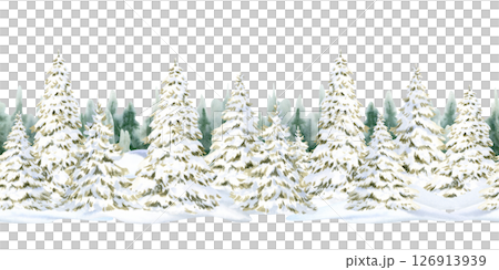 Winter fir forest in snow watercolor seamless border isolated on white. Hand drawn Christmas trees in snowdrifts banner for Happy New Year cards and greetings. Snowy horizontal landscape clip art Winter fir forest in snow watercolor seamless border isolated on white. Hand drawn Christmas trees in snowdrifts banner for Happy New Year cards and greetings. Snowy horizontal landscape clip art 126913939