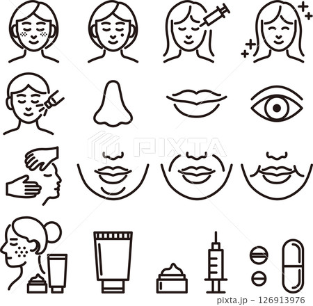 美容医療　美容整形　人物　女性　ラインアイコン　線　シンプル　イラスト素材セット 126913976