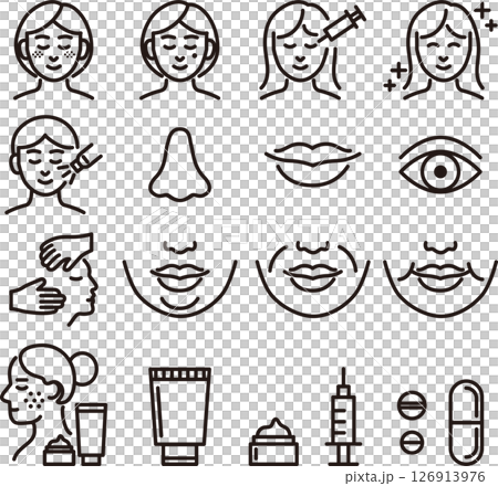美容医療　美容整形　人物　女性　ラインアイコン　線　シンプル　イラスト素材セット 126913976