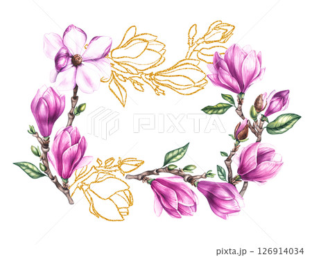 Watercolor bouquet magnolia and gold decorative illustration 126914034