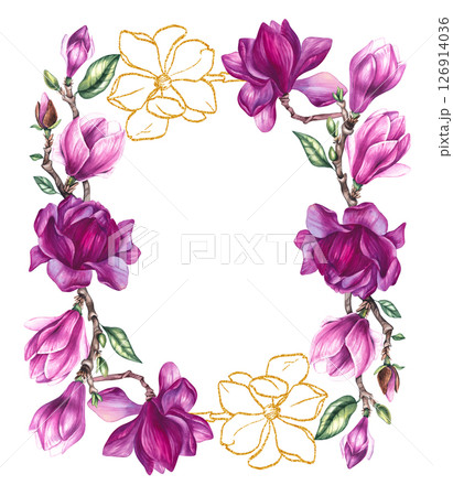Watercolor bouquet magnolia and gold decorative illustration 126914036