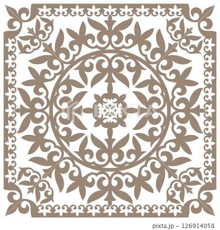 Golden square Kazakh national ornament. Elements of the national pattern of ancient nomads, Turks, Mongols, Kyrgyz, Kalmyks, Buryats. Ornamental floral pattern. Template for carpet, shawl, pillow Golden square Kazakh national ornament. Elements of the national pattern of ancient nomads, Turks, Mongols, Kyrgyz, Kalmyks, Buryats. Ornamental floral pattern. Template for carpet, shawl, pillow 126914058