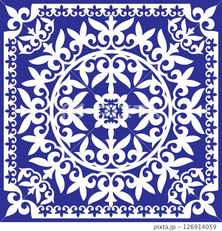 Traditional ornamental white lace pattern on blue background. Traditional Persian-Arabic-Indian-Turkish-Islamic Pattern. Square national ornament. Template for carpet, shawl, pillow, cushion, bolster 126914059