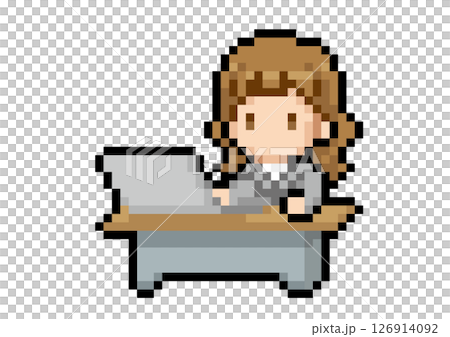 デスクで作業するビジネスウーマンのドット絵 デスクで作業するビジネスウーマンのドット絵 126914092