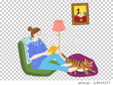 女人在房間裡和她的貓一起放鬆和讀書 126914177