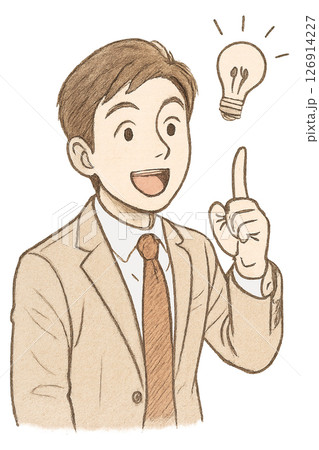 アイデアを思いついたスーツ姿の男性イラスト、電球マークでひらめきを表現するビジネスマン、発想が浮かび 126914227