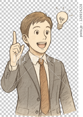 アイデアをひらめいたスーツ姿の男性イラスト、指を立ててひらめきを表現するビジネスマンキャラクター、電 126914228