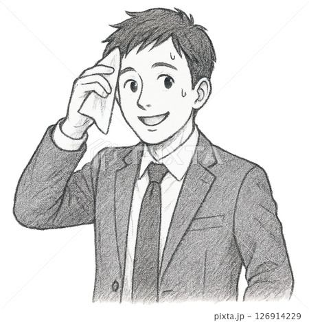 汗をぬぐいながら微笑むスーツ姿の男性イラスト、頑張った後の爽やかな表情のビジネスマン、汗をかきつつ前 126914229