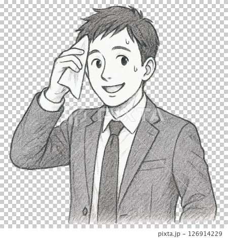 汗をぬぐいながら微笑むスーツ姿の男性イラスト、頑張った後の爽やかな表情のビジネスマン、汗をかきつつ前 126914229