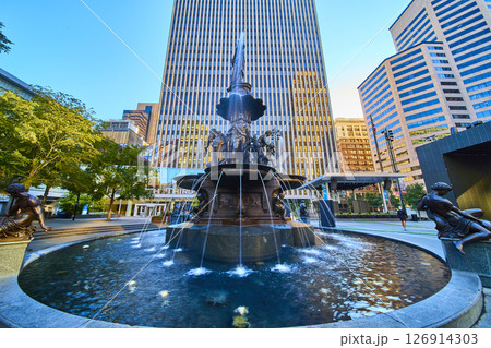 Fountain Square Elegance in Cincinnati with Skyscrapers from Low Angle 126914303