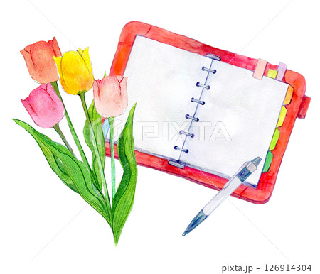 水彩イラスト　赤いスケジュール帳 126914304