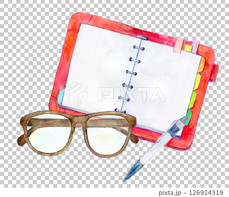 水彩イラスト　赤いスケジュール帳とメガネ 126914319