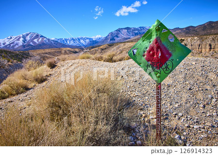 Desert Road Sign with Graffiti Bullet Holes and Snowy Peaks Eye-Level View Desert Road Sign with Graffiti Bullet Holes and Snowy Peaks Eye-Level View 126914323