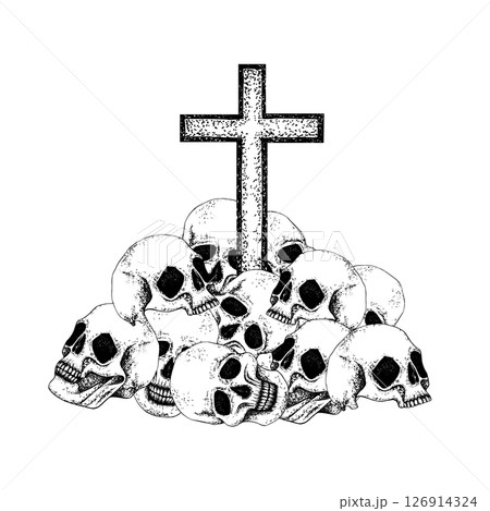 Pile of skulls with cross. Black white graphic illustration, vector Gothic composition for Halloween, Day of the Dead, esoteric concept. Line art for postcard, posters, logo, textile, stationery 126914324