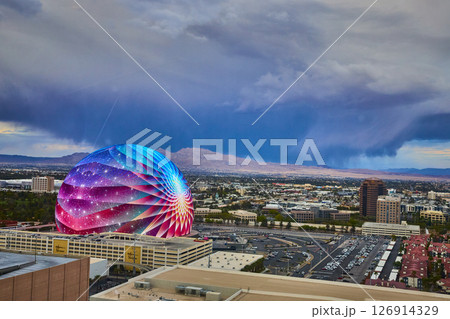 Aerial of Futuristic Sphere and Las Vegas Skyline Aerial of Futuristic Sphere and Las Vegas Skyline 126914329