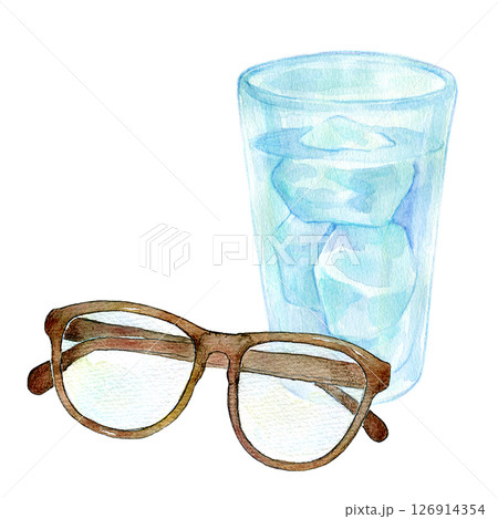 水彩イラスト　一杯の水とメガネ 126914354