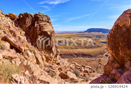 Red Rock Canyon Desert Landscape with Rugged Formations Eye-Level View Red Rock Canyon Desert Landscape with Rugged Formations Eye-Level View 126914424