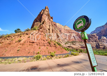 Zion National Park Red Rock Formation with Shuttle Stop Eye-Level View Zion National Park Red Rock Formation with Shuttle Stop Eye-Level View 126914428