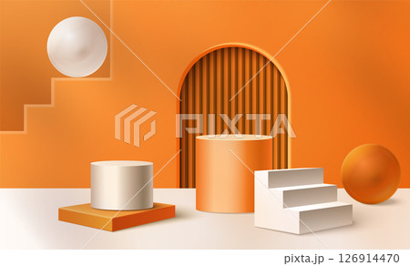 Round podium, geometric shapes in orange and white Round podium, geometric shapes in orange and white 126914470