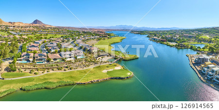 Aerial Luxury Homes Golf Course and Lake Panorama Fly Over 126914565