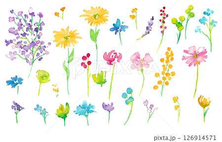 水彩画。水彩タッチのカラフルな花花束イラスト。色とりどりの花のベクターフレーム背景。 126914571
