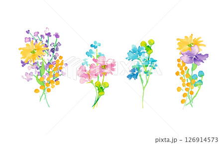 水彩画。水彩タッチのカラフルな花花束イラスト。色とりどりの花のベクターフレーム背景。 126914573