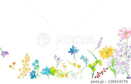 水彩画。水彩タッチのカラフルな花花束イラスト。色とりどりの花のベクターフレーム背景。 水彩画。水彩タッチのカラフルな花花束イラスト。色とりどりの花のベクターフレーム背景。 126914578