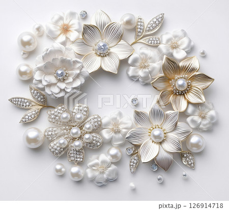 パールとダイヤモンドと金銀で作られた白い花のリース状の装飾 パールとダイヤモンドと金銀で作られた白い花のリース状の装飾 126914718