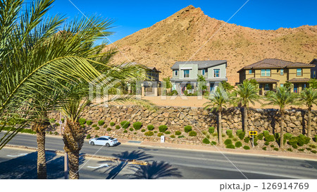 Aerial Suburban Desert Homes with Palm Trees and Mountain View Fly Over Aerial Suburban Desert Homes with Palm Trees and Mountain View Fly Over 126914769