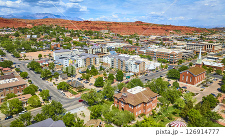 Aerial Downtown St George Utah Red Brick Buildings and Red Rock Mountains Aerial Downtown St George Utah Red Brick Buildings and Red Rock Mountains 126914777