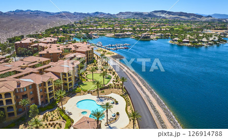 Aerial Waterfront Resort Homes Marina and Pool Oasis Fly Over Lake Las Vegas 126914788