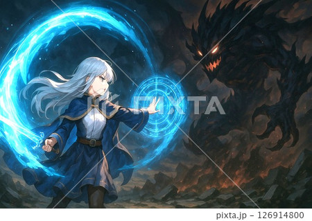 魔法陣で闇の魔物に立ち向かう魔法少女のファンタジーイラストのイラスト素材 [126914800] - PIXTA