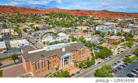 Aerial Courthouse and Red Rock Cliffs in St George Utah Wide View 126914836