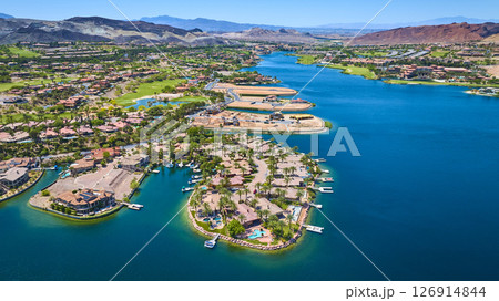 Aerial Luxury Waterfront Homes Golf Course Desert Oasis Fly Over 126914844