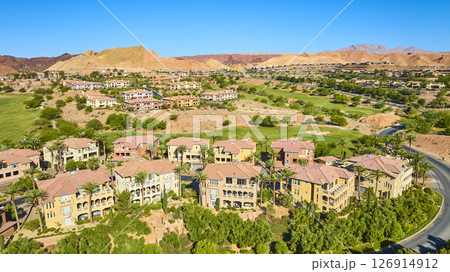 Aerial Luxury Golf Villas Palm Trees Desert Community Fly Through 126914912