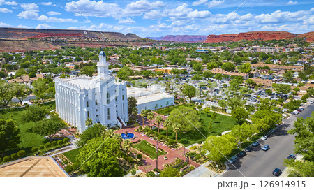 Aerial St George Utah Temple White Neoclassical Landmark with City and Red Rocks 126914915